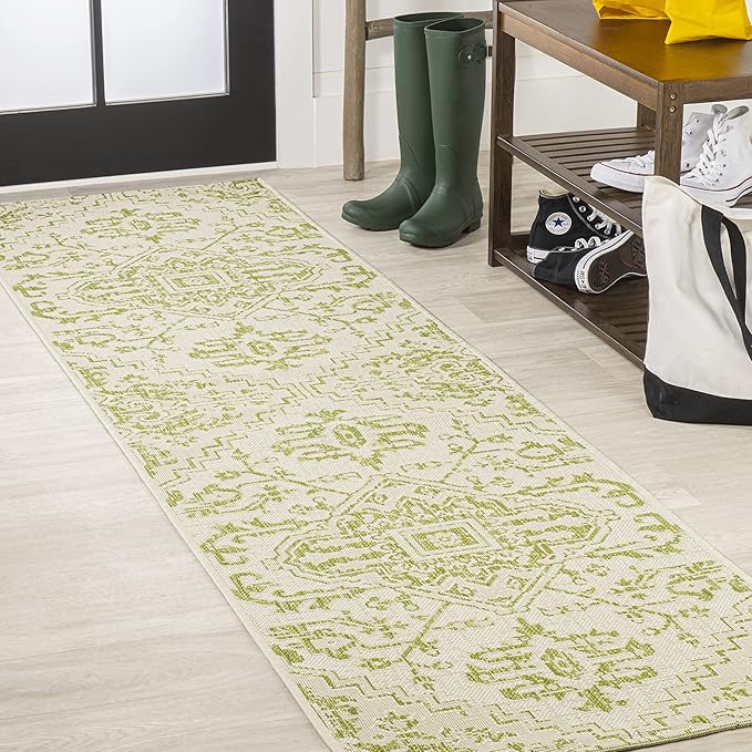 JONATHAN Y Boho Medallion Indoor Outdoor Runner Rug 2X10 Cream/Green, Estrella Textured Weave for Backyard, Patio, Porch, Easy-Cleaning, High Traffic, Pet-Friendly, Non-Shedding (SMB105E-210)