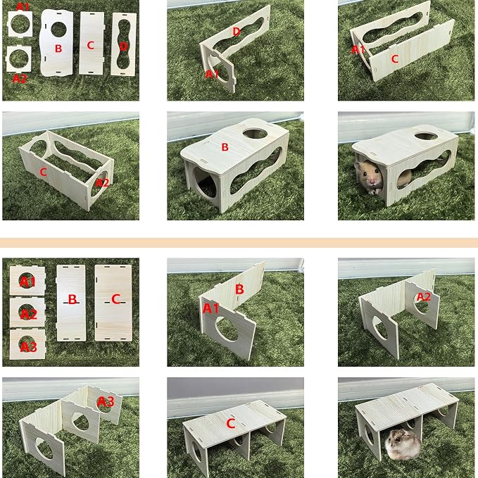 2 PCS Wooden Hamster Hideout Multi-Chamber Tunnel Set Hamster House Hiding Maze Platform Stuff Exploring Toy Cage Accessories for Gerbil Rat Mice