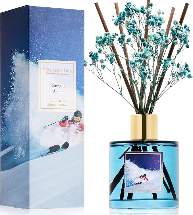 COCORRÍNA Reed Diffuser - Skinning in Aspen Reed Diffuser Set with 8 Sticks & Preserved Baby's Breath, Reed Diffuser for Home Bathroom Shelf Decor