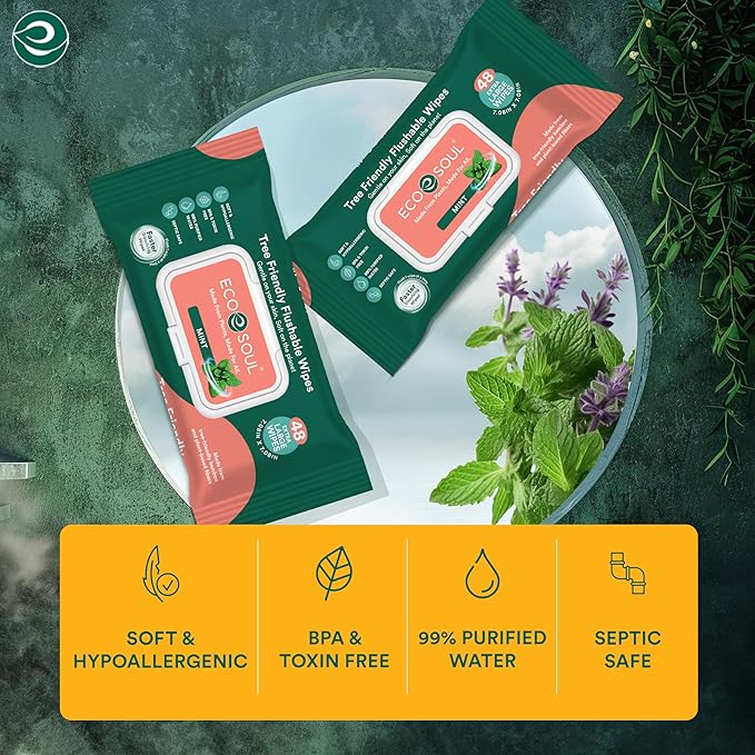 ECO SOUL Bamboo Flushable Wipes For Adult - Mint, 4 Pack of 48, Eco-Friendly, 99% Purified Water, Hypoallergenic, Soft, BPA & Paraben Free