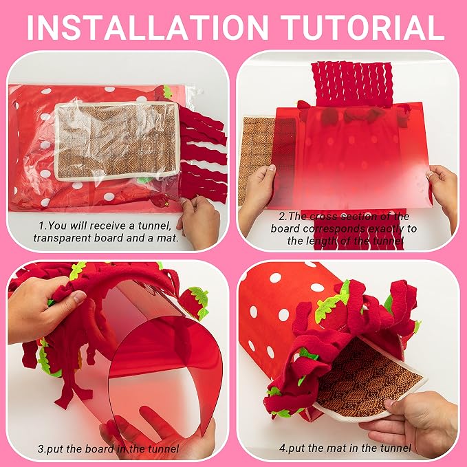 Guinea Pig Hideout, Soft Fleece Strawberry Pet Bed & Tunnel House | Cute Small Animal Bedding Cage Accessories Indoor Also for Hedgehog, Chinchilla, Hamster Sleeping