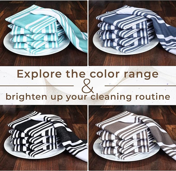 Urban Villa Dish Cloth 100% Cotton Pack of 8, Highly Absorbent Quick Drying Soft Premium Dish Towels for Kitchen with Hanging Loop Hand & Tea Towels - 12x12 Inch, (Indigo Blue & White, Striped)