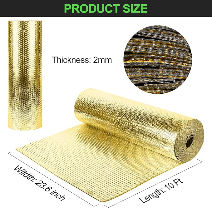 Golden Reflective Aluminum Foil Wrap Insulation Sheet - Double Bubble 23.6in x 10ft Thermal Shield Radiant Barrier for Winter RV Window Cold Insulation Summer Heat