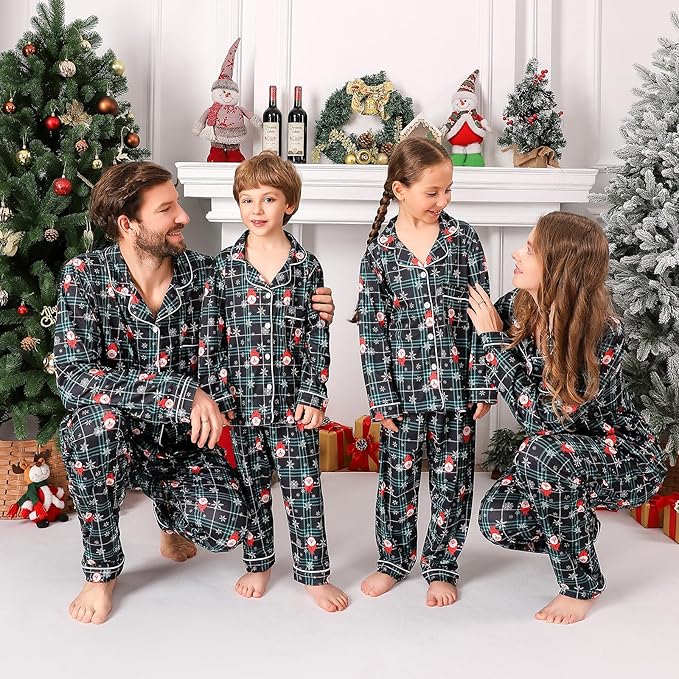 ANGELGGH Family Christmas PJs Matching Sets 2 Pcs Festival Party Pajamas Holiday Warm Sleepwear Couples Button Loungewear