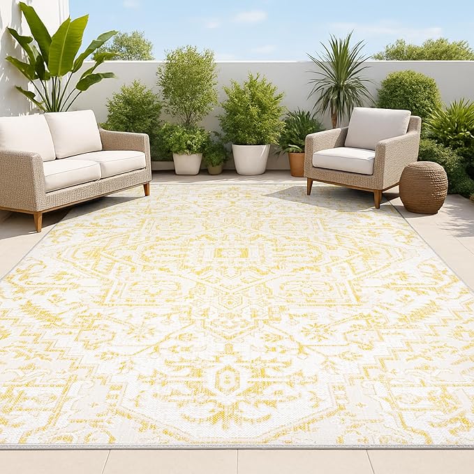 JONATHAN Y Boho Medallion Indoor Outdoor Area Rug 5X8 Cream/Yellow, Estrella Textured Weave for Backyard, Patio, Porch, Easy-Cleaning, High Traffic, Pet-Friendly, Non-Shedding (SMB105H-5)