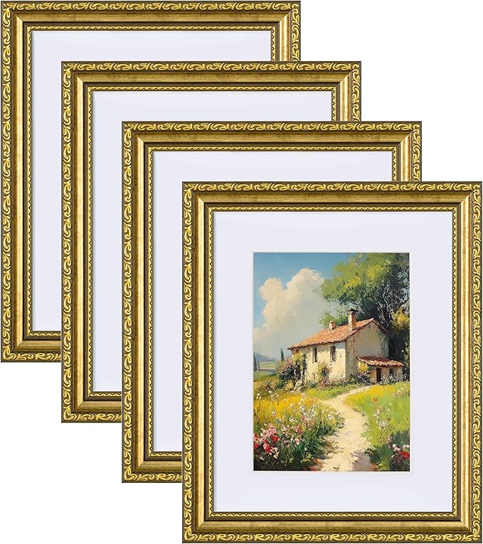 eletecpro 8x10 Picture Frames Set of 4, Vintage Photo Frame with Glass, Gold Frames 8 x 10 Display 5x7 Photo with Mat or 8x10 without Mat for Tabletop or Wall Decor, Gold