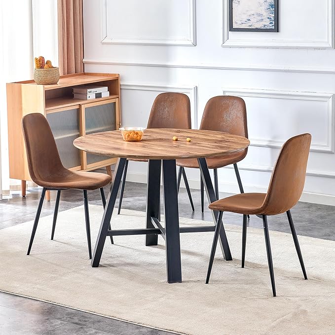 Round Dining Table Set for 4, Round Kitchen Table and Chairs Set for 4,Modern 42" Wood Dining Room Table Set & PU Leather Chairs for Small Space Kitchen Apartment Office