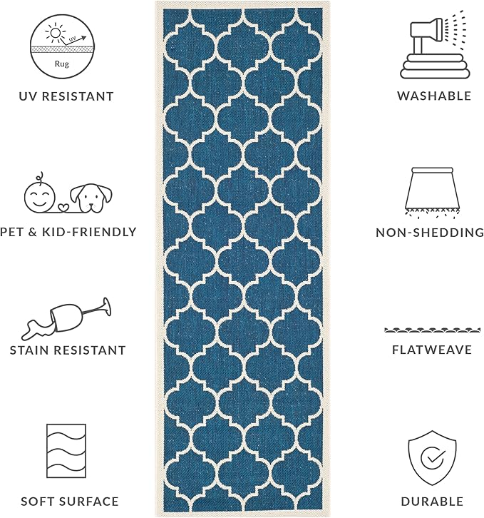 SAFAVIEH Washable Rug Outdoor Courtyard Collection - 2'3" x 6'7" Runner, Navy & Beige, Non-Shedding & Easy Cleaning, Ideal for Patio, Entryway, Mudroom, Hallway, Kitchen (CY6914-268)