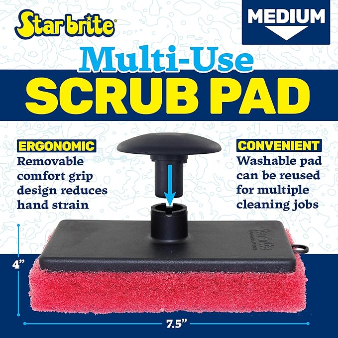 STAR BRITE All-Purpose Medium (Red) Scrubber Pad - Available in Medium, Fine & Coarse Textures with Ergonomic Handle for Boats, Teak, and Outdoor Cleaning (040021P)