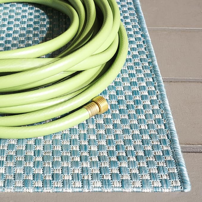 SAFAVIEH Washable Rug Outdoor Courtyard Collection - 2'3" x 5', Aqua Blue & Grey, Non-Shedding & Easy Cleaning, Ideal for Patio, Front Door, Entryway, Mudroom, Doormat (CY8521-37121)