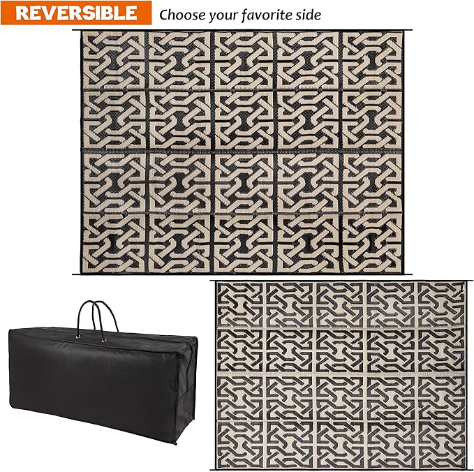 SAND MINE Reversible Mats, Plastic Straw Rug, Modern Area Rug, Large Floor Mat and Rug for Outdoors, RV, Patio, Backyard, Deck, Picnic, Beach, Camping, Trailer, Black & Beige, 9' x 12'