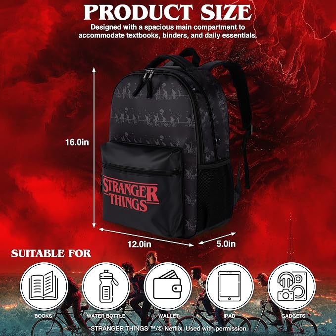 AI ACCESSORY INNOVATIONS Stranger Things Backpack with Character Graphic Pattern, Black, 16x12x5 Inches, Polyester, 3 Pockets, Water Repellent, Adjustable Straps, Padded Back