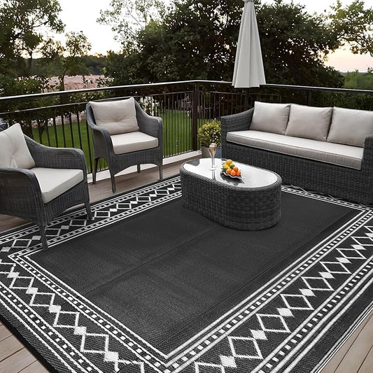 9x18 Large Outdoor Rug,Modern Bordered Plastic Straw Carpet,Waterproof Lightweight Outdoor Carpet,Easy Cleaning Folding Uv Resistant Picnic Camping Mat,Black/White