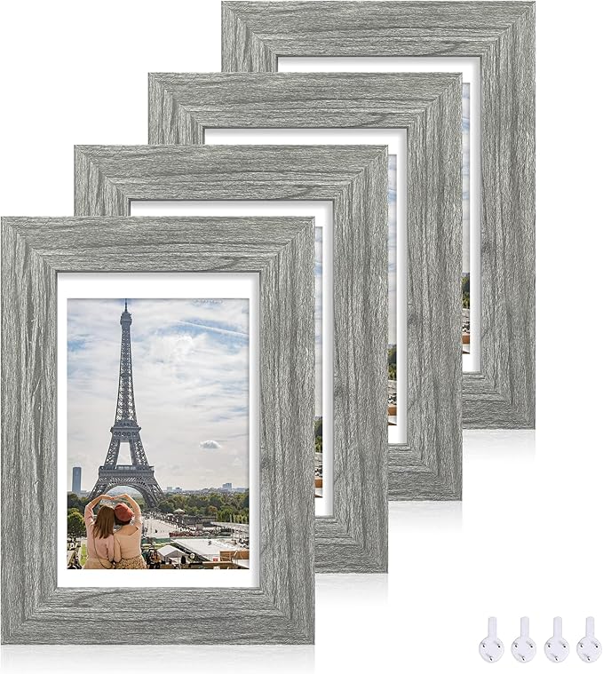 4x6 Picture Frame Set of 4, Made of Real Glass and Grey Wooden Frame, 4 by 6 Photo for Wall or Tabletop - Display Picture 3.5x5 with Mat or 4x6 Without Mat
