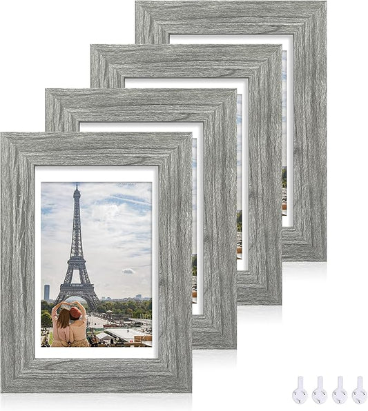4x6 Picture Frame Set of 4, Made of Real Glass and Grey Wooden Frame, 4 by 6 Photo for Wall or Tabletop - Display Picture 3.5x5 with Mat or 4x6 Without Mat
