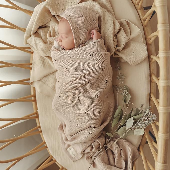 Organic Pointelle Baby Blanket + Hat Gift Set for Boys & Girls - 100% Soft Luxury Cotton Swaddle Blanket + Bonnett Registry for Newborns & Infants (Oatmeal + Hat)