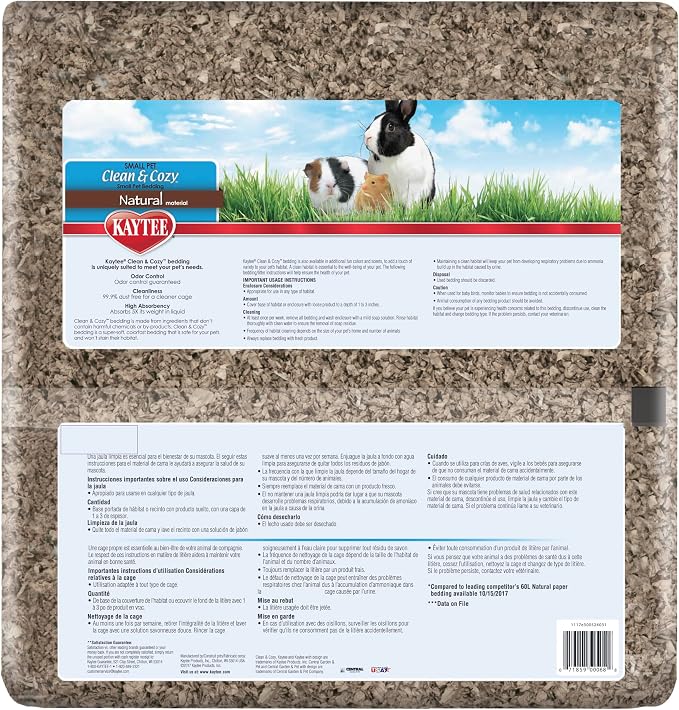 Kaytee Clean & Cozy Natural Paper Bedding, 72 Liter | Keeps habitats fresh. Small animal bedding for rabbits, guinea pigs, hamsters. Hamster bedding odor control, 99% dust-free
