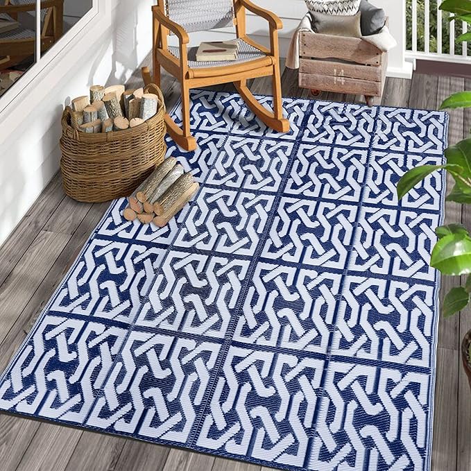 SAND MINE Reversible Mats, Plastic Straw Rug, Modern Area Rug, Large Floor Mat Rug for Outdoors, RV, Patio, Backyard, Deck, Picnic, Beach, Trailer, Camping, Dark Blue & White, 5' x 8'