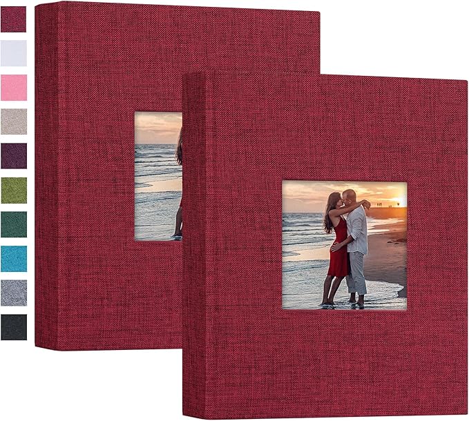 Mublalbum 2 Pack Small 5x7 Photo Album Linen Cover with Display Window Mini Picture Book Each Holds 52 Vertical Pockets for Artwork Postcards or Pictures Storage (Red)