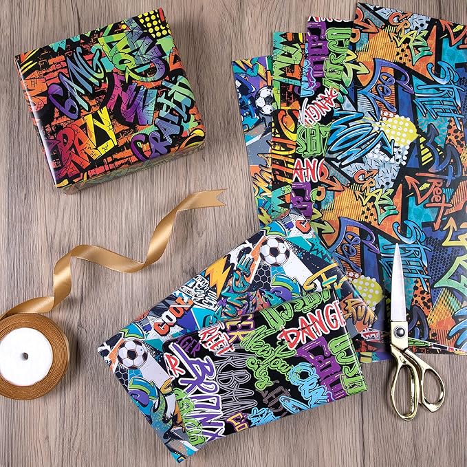 PlandRichW Graffiti Wrapping Paper Folded for Boys Girls Kids Adult Birthday 4 Styles of Sport with Lightning Basketball Football Crazy Graffiti Text, Pre-cut 12 Sheets Each 20" X 29"