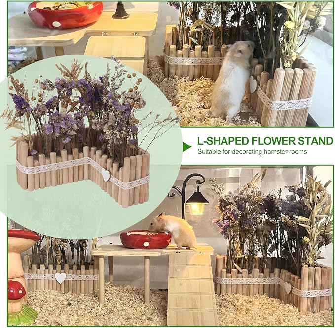 Hamster Cage Sprays Flower Foraging Holder - Natural Wood Feeding Stand, Small Pet Habitat Accessories for Hamsters Mouse Guinea Pig Dwarf Gerbils Syrian Mice (Lace - L Shape)