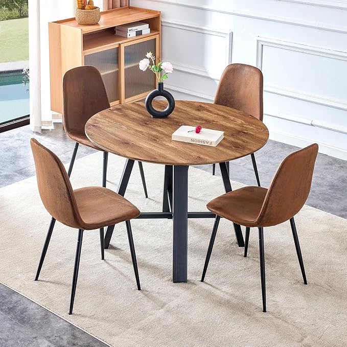 Round Dining Table Set for 4, Round Kitchen Table and Chairs Set for 4,Modern 42" Wood Dining Room Table Set & PU Leather Chairs for Small Space Kitchen Apartment Office