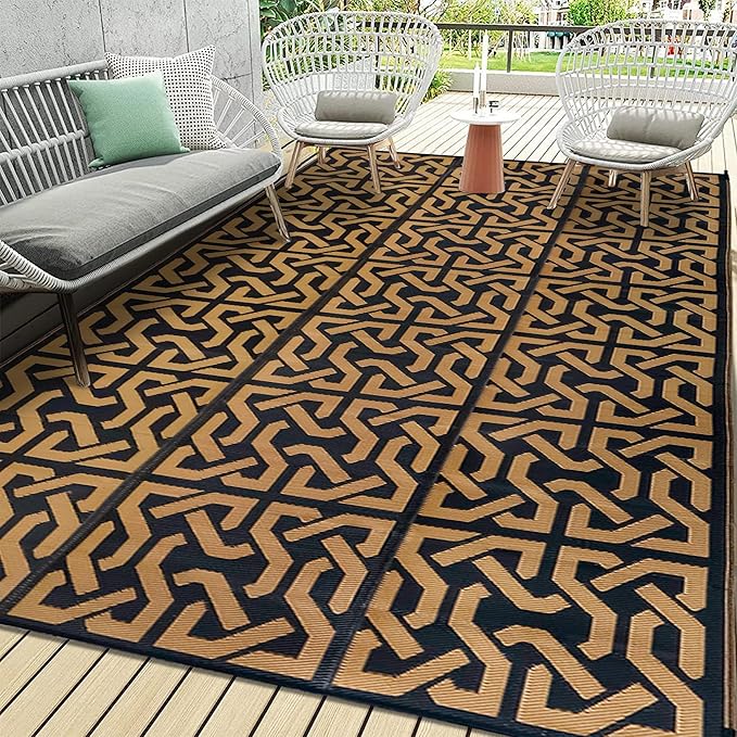 SAND MINE Reversible Mats, Plastic Straw Rug, Modern Area Rug, Large Floor Mat and Rug for Outdoors, RV, Patio, Backyard, Deck, Picnic, Beach, Camping, Trailer, Black & Brown, 9' x 18'