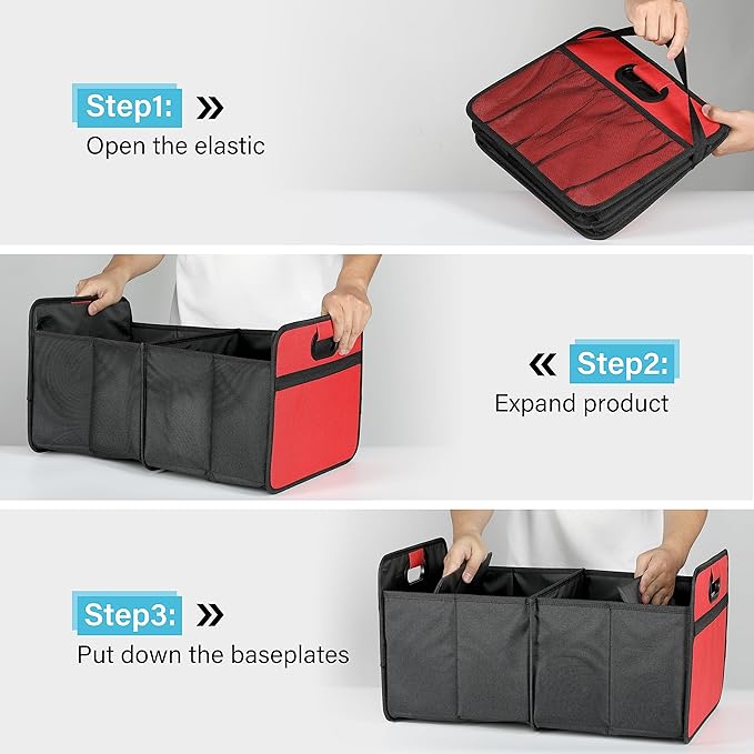 Simple Deluxe Trunk Organizer for Car/SUV/Truck, Collapsible 2 Compartment Automotive Storage Box, 600D Waterproof Oxford Polyester 50L Travel Accessories, Anti-slip & Leak-proof, Red New