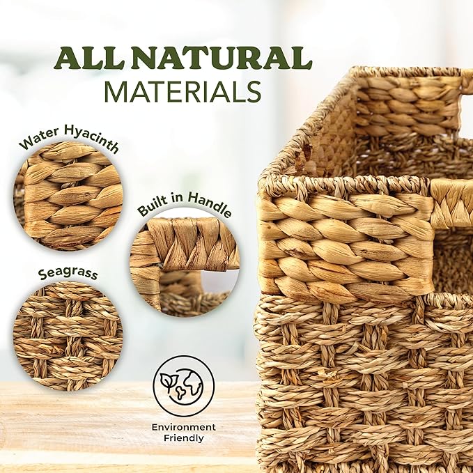 Medium Wicker Basket for Storage, Natural, Seagrass and Hyacinth Woven Baskets for Décor with Built-In Handles, Rectangular, Shelf Organizing for Bedroom, Pantry - Medium Size - 15.5x9.5x6.5 in