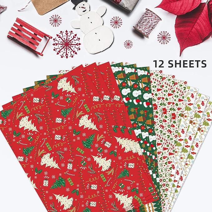 PlandRichW Christmas Wrapping Paper Folded for Kids Boys Girls Man Women Gift's. Papercraft Snowmen, Candy Canes, Tree, Socks, Snowflakes, Happy New Year Bulk of 12 Sheets 20"x 29" Folded