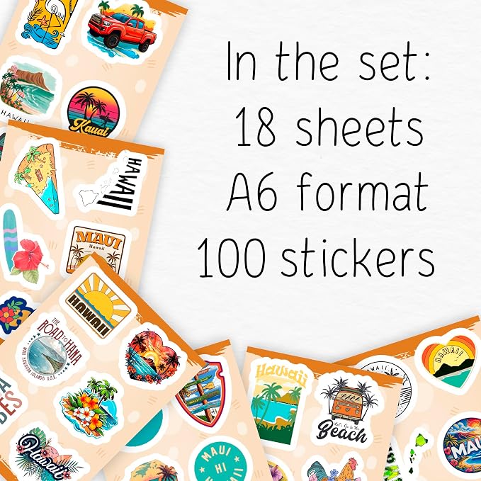 100Pcs Hawaii Stickers for Water Bottle and Laptop - Hawaiian Party Supplies & Decorations, Waterproof Vinyl Decals, State Pride and Icon Stickers, Gifts for Women & Men