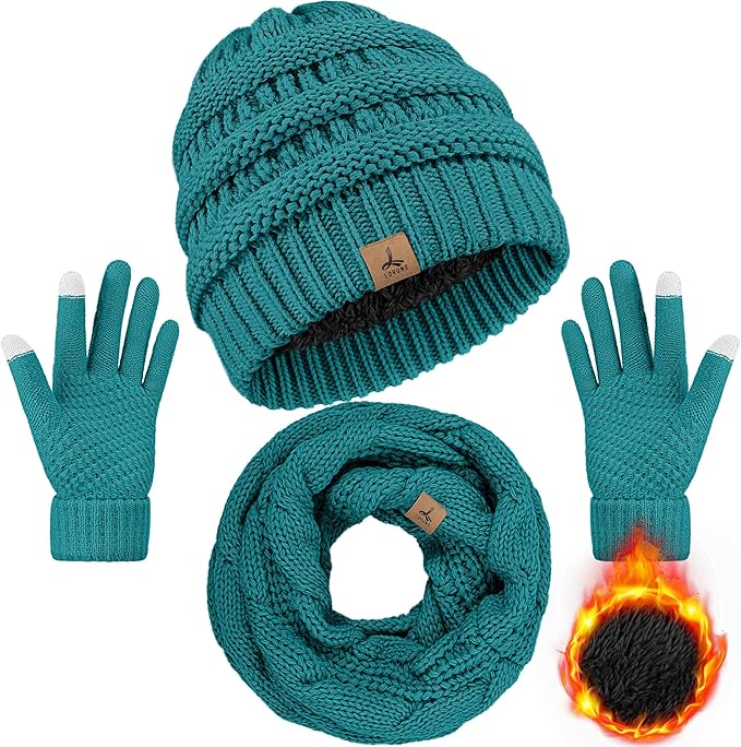 Winter Beanie Hat Scarf Gloves, Warm Fleece Knit Hats Touch Screen Gloves Neck Scarf Set Winter Gifts for Unisex Adult