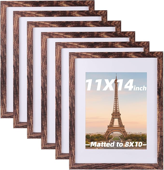 6 Pcs 11x14 Rustic Brown Wood Picture Frame - Display Pictures 8x10 with Mat or 11 x 14 without Mat - Distressed Brown Wooden Photo Frames for Wall Mounting 11 14 Matted to 8x10 Farmhouse Set of 6
