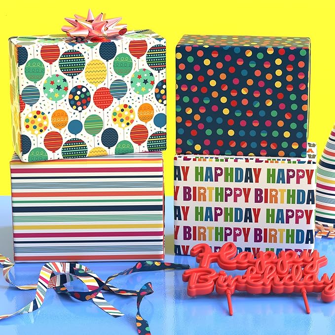 MotiGiftie Birthday Wrapping Paper for Boys Girls Women Men,12 Sheets Gift Wrapping Paper with “Happy Birthday” Polka Dots, Balloons, Colorful Stripes - Holiday Gift Wrap 20×28 Inch