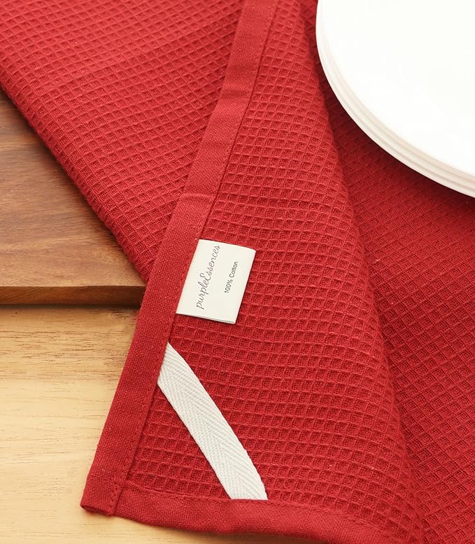 PurpleEssences Waffle Weave Kitchen Towel, 100% Cotton - 15x25 Inches, with Hanging Loop Ultra Soft Absorbent Quick Drying Dish Cloth, Tea and Hand Towels, 6 Pack - Christmas Holiday Winter - Red