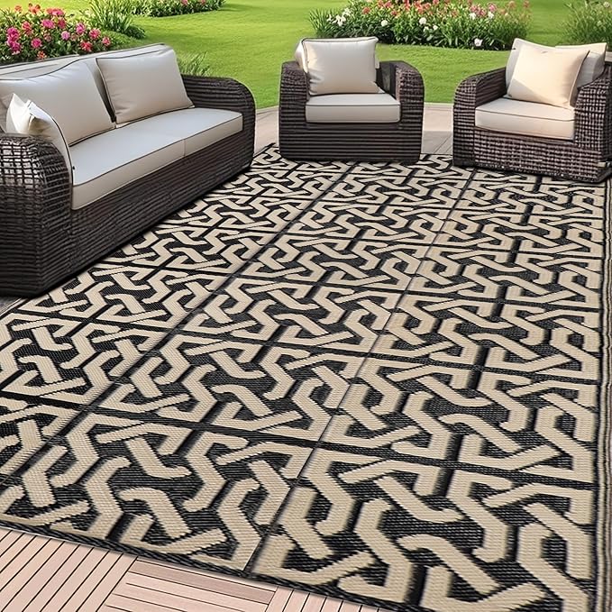 SAND MINE Reversible Mats, Plastic Straw Rug, Modern Area Rug, Large Floor Mat and Rug for Outdoors, RV, Patio, Backyard, Deck, Picnic, Beach, Camping, Trailer, Black & Beige, 9' x 18'