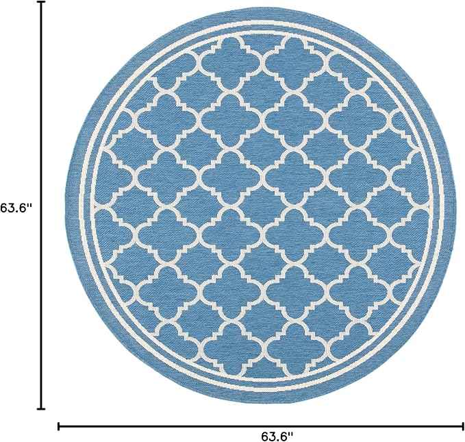 SAFAVIEH Washable Rug Outdoor Courtyard Collection - 5'3" Round, Blue & Beige, Non-Shedding & Easy Cleaning, Ideal for Patio, Backyard, Mudroom (CY6918-243)