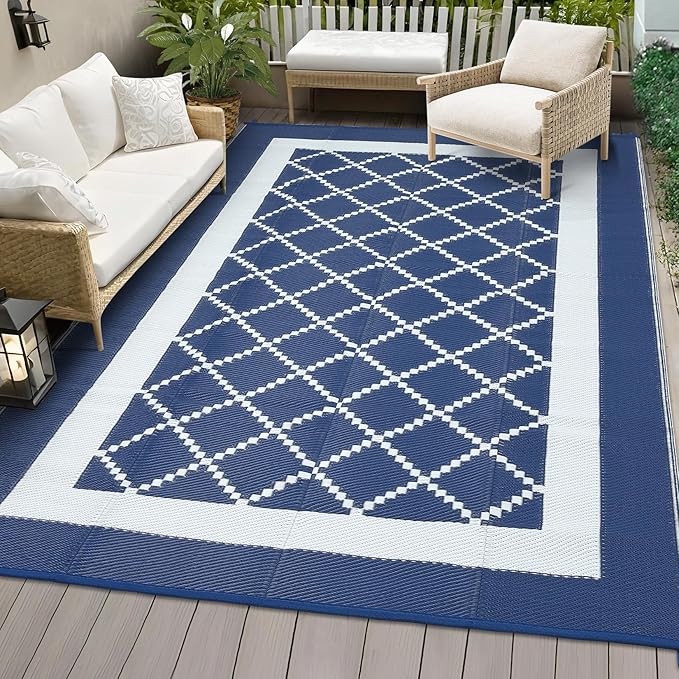Outdoor Patio Rug 9x18 Waterproof Plastic Reversible Rug Modern UV Resistant Foldable Camping Mat Contemporary Geometric Outdoor Floor Mat for RV Backyard Deck Blue/White