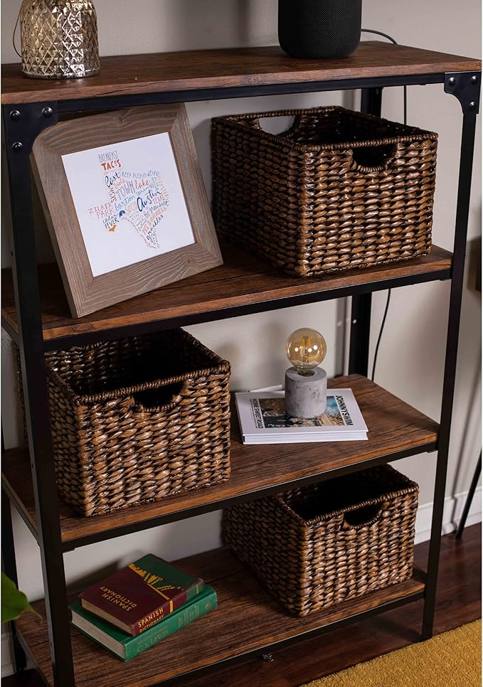BIRDROCK HOME Storage Shelf Organizer Baskets with Handles - Handwoven Abaca Seagrass Wicker Basket for Pantry, Living Room, Office & Bathroom, Versatile Under Shelf Storage - Set of 3, Brown Wash