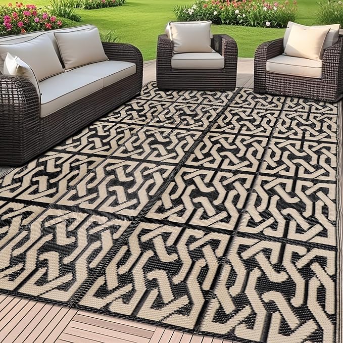 SAND MINE Reversible Mats, Plastic Straw Rug, Modern Area Rug, Large Floor Mat and Rug for Outdoors, RV, Patio, Backyard, Deck, Picnic, Beach, Camping, Trailer, Black & Beige, 5' x 8'