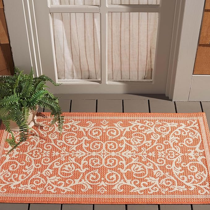 SAFAVIEH Washable Rug Outdoor Courtyard Collection - 4' x 5'7", Terracotta & Natural, Non-Shedding & Easy Cleaning, Ideal for Patio, Backyard, Mudroom (CY2098-3202)