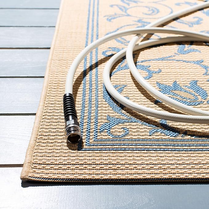 SAFAVIEH Courtyard Collection 8' x 11' Natural / Blue CY2098 Scroll Indoor/ Outdoor Waterproof Easy-Cleaning Patio Backyard Mudroom Area-Rug