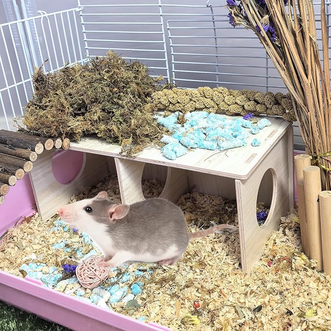 2 PCS Wooden Hamster Hideout Multi-Chamber Tunnel Hamster House Hiding Maze Platform Stuff Exploring Toy Cage Accessories for Gerbil Rat Mice
