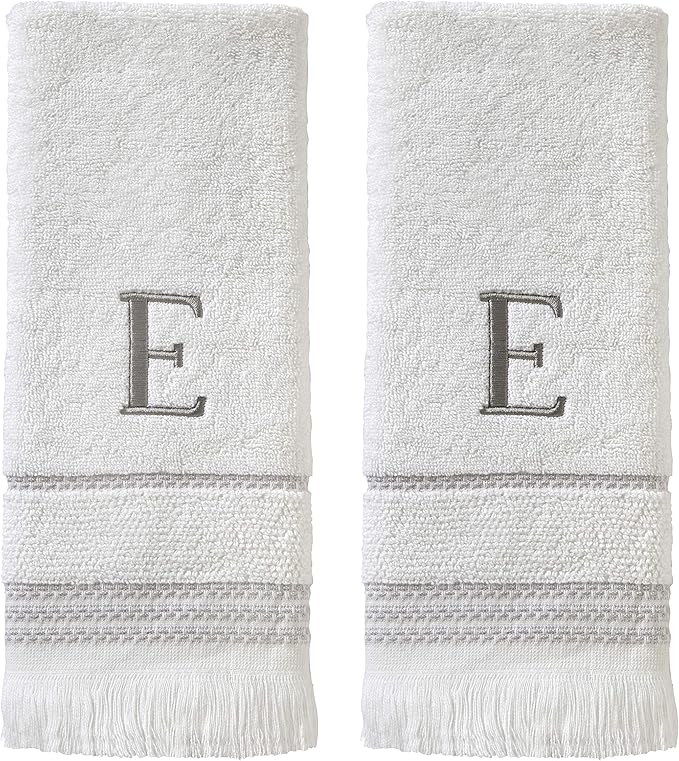 SKL Home Casual Monogram Hand Towel Set, E, 16x26, White 2 Count
