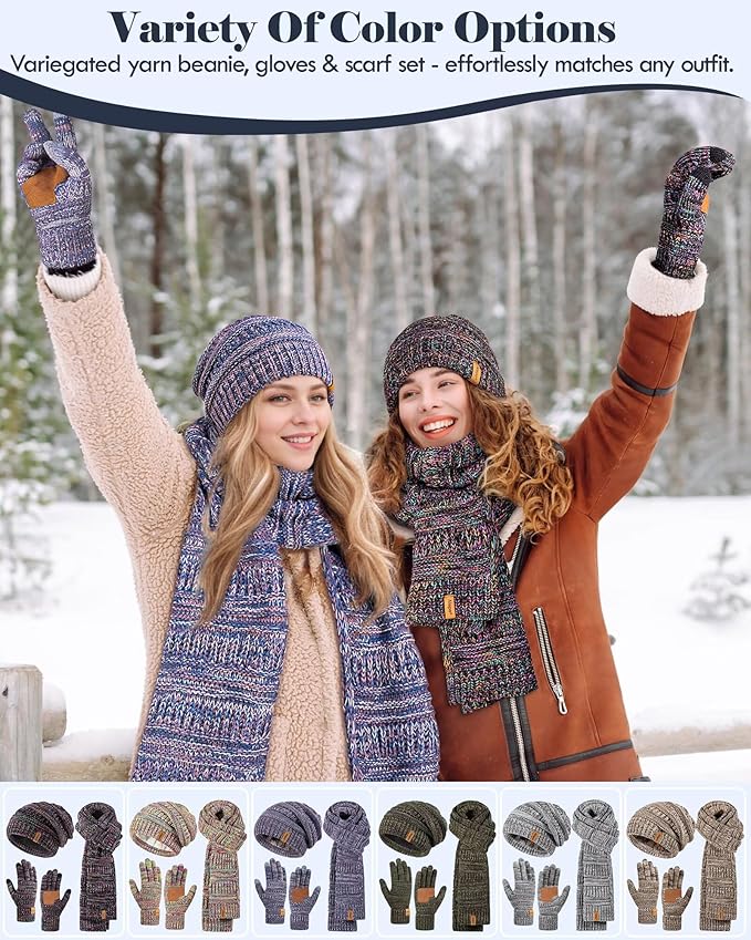 Winter Beanie Hat Scarf Gloves Set for Women, Slouchy Beanie Long Scarf Touchscreen Gloves, Warm 3 in 1 Christmas Gift Set