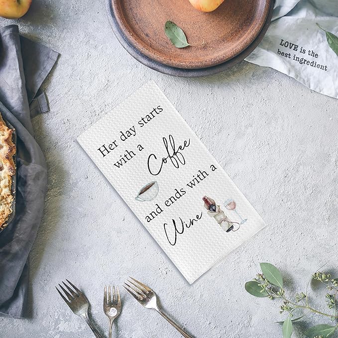 Coffee and Wine Kitchen Towels - Her Day Starts with a Coffee and Ends with a Wine, Funny Dish Towels with Saying, 16x24 Inches