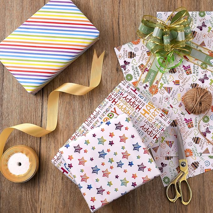 PlandRichW Birthday Wrapping Paper 12 Sheets Folded Flat for Kids, Boys, Girls, Adults.Includes Happy Birthday, Star, Rainbow, Cake 4 Colorful Designs for Baby Shower, Holiday, Party 20 X 29 Inch