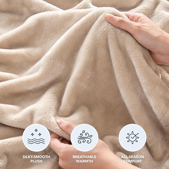 Berkshire Blanket Classic VelvetLoft® Solid Bed Blanket King Size, Lightweight Soft Fuzzy Plush Blanket for Bed and Couch, Grain, 90x108 Inches