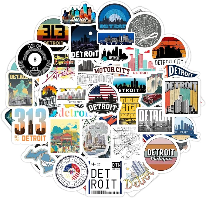 100Pcs Detroit Stickers for Water Bottle and Laptop - Detroit Party Supplies & Decorations, Waterproof Vinyl Decals, City and Landmark Stickers, Gifts for Women & Men