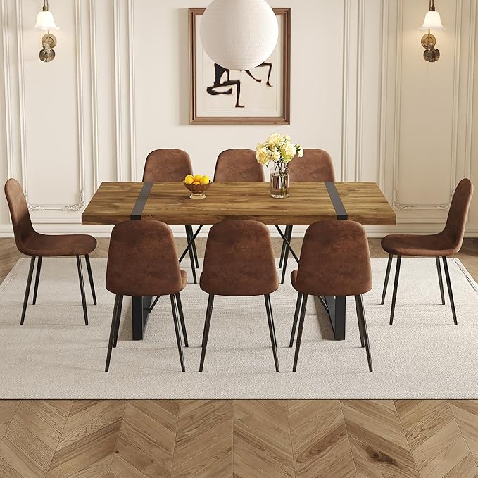 Dining Table Set for 8, Modern 71'' Dark Wood Dining Table and Fabric Dining Chairs Set of 8,Table and Chairs Set of 8,Ideal for Kitchen Dining Room